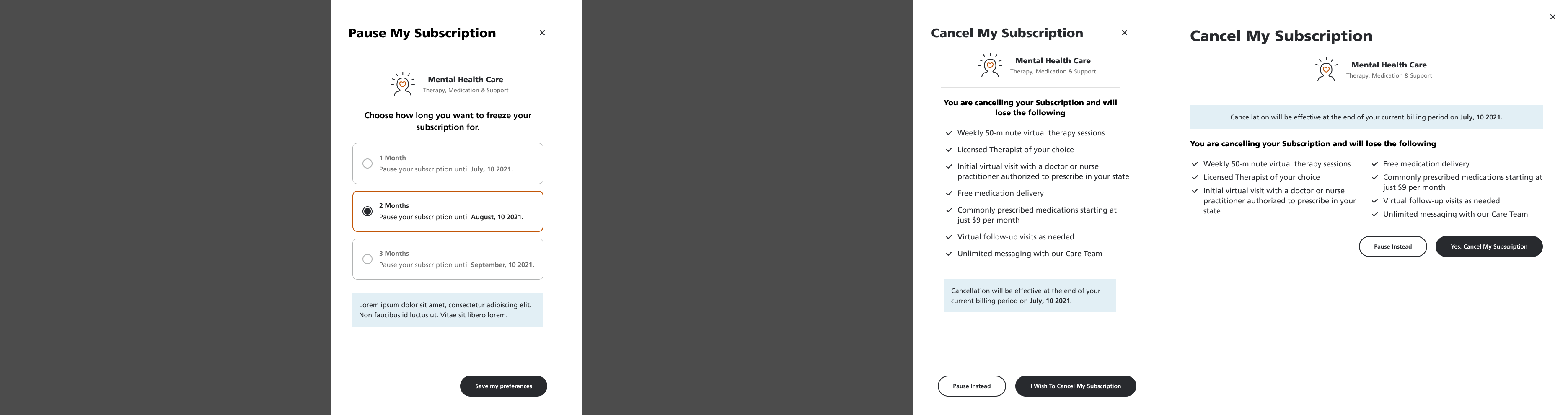 Modal with option to cancel or pause subscription