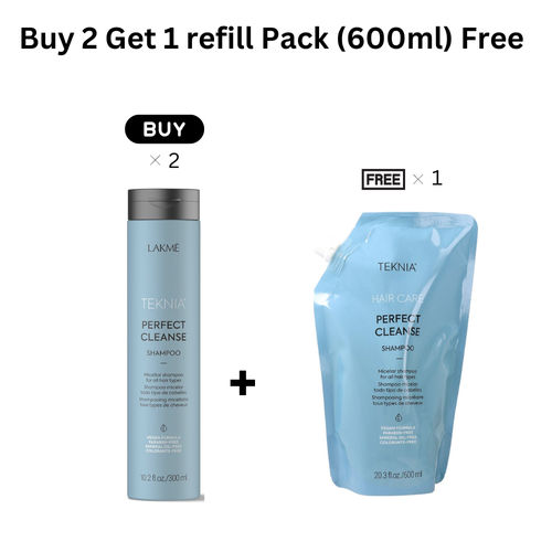 LAKME TEKNIA PERFECT CLEANSE SHAMPOO 300 ML x2 + LAKME TEKNIA PERFECT CLEANSE SHAMPOO REFILL 600 ML (Free) 