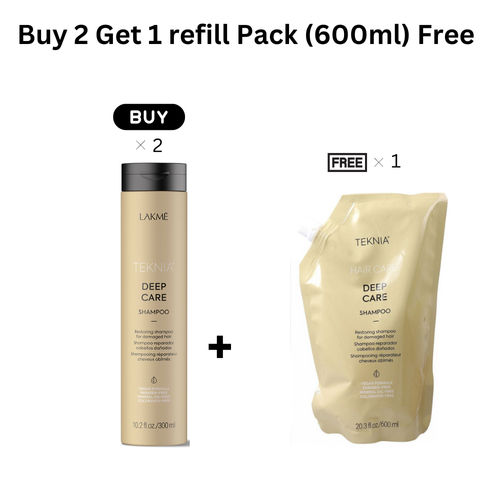 LAKME TEKNIA DEEP CARE SHAMPOO 300 ML x2 + LAKME TEKNIA DEEP CARE SHAMPOO REFILL 600 ML (Free) 