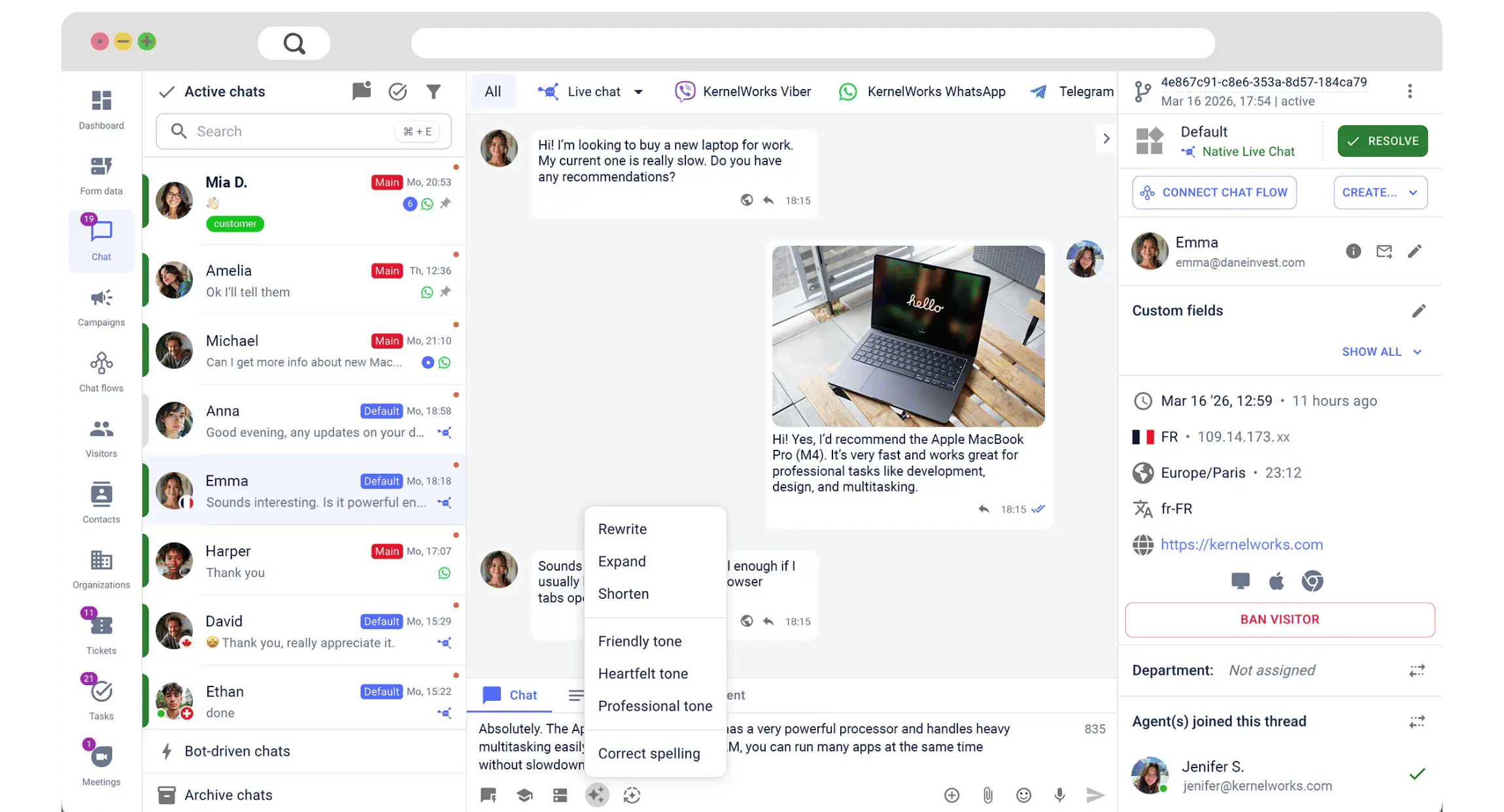 Interfaz de HelpDesk mostrando canales unificados