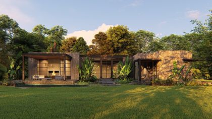 casa moderna rústica con fachada de piedra y madera — proyecto Escobar, por Estudio Moreto Bensusan, en Escobar