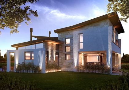 fachada moderna con piedra y amplios ventanales — proyecto  Casa en Terralagos, por GEN STUDIO  COMOTTO - SOMMER , en Canning