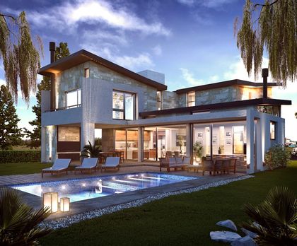 moderna fachada con piscina infinita y muebles de exterior — proyecto  Casa en Terralagos, por GEN STUDIO  COMOTTO - SOMMER , en Canning