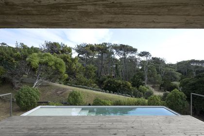 Pileta moderna con deck de madera y paisaje verde al fondo — proyecto Casa Cariló, por Luciano Kruk, en Cariló