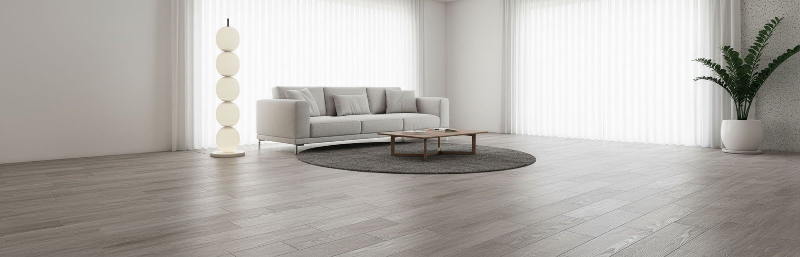 Living minimalista con sofá gris y lámpara de pie escandinava — proyecto Madera, por Cerámica Cañuelas