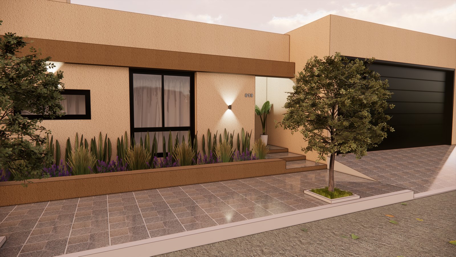 Casa moderna com jardim e entrada com plantas — projeto FACHADA S&S, por Todo con A, em X5125 Monte Cristo