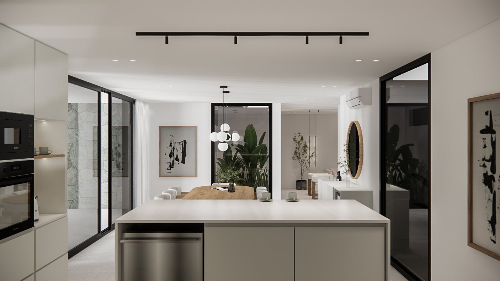 Cocina moderna integrada con isla de madera y amplias ventanas — proyecto Diseño elegante de estar y cocina, por Mela Deco Design, en Buenos Aires