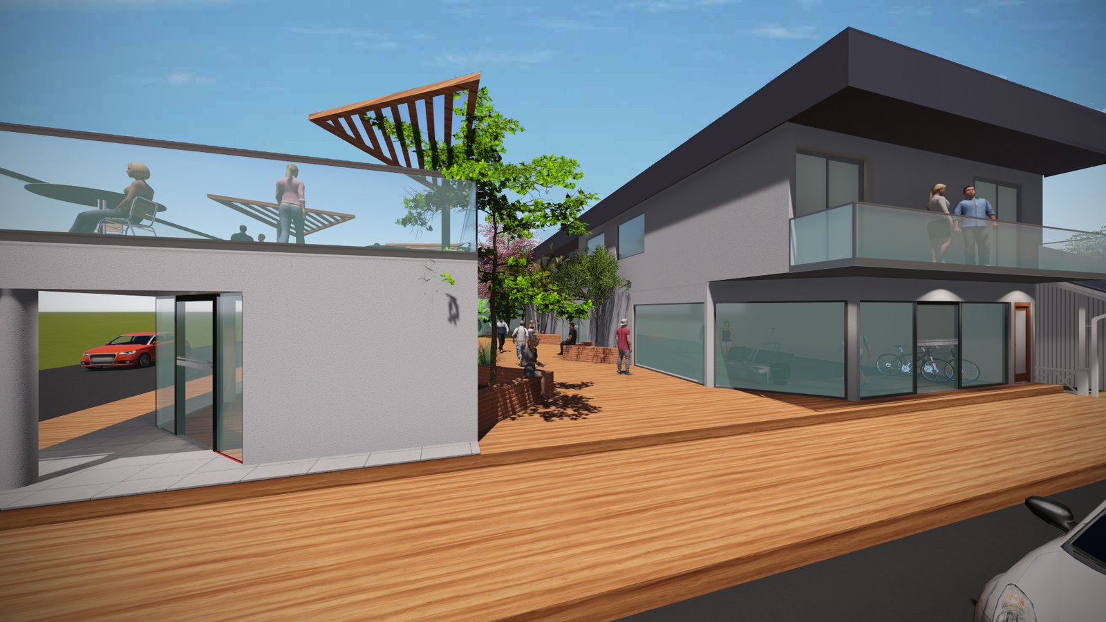 Fachada comercial moderna com deck de madeira e pergolado — projeto Complejo Comercial en Paso de La Patria, por Arquitecto Gustavo Maidana, em Paso de la Patria