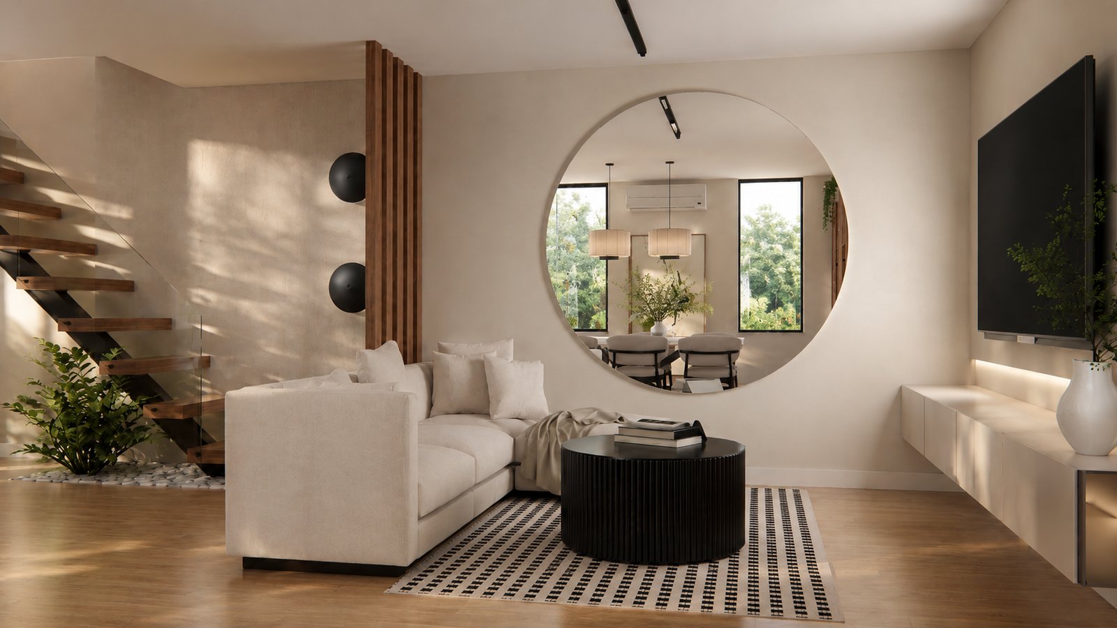 Living moderno con espejo circular y escalera flotante — proyecto Diseño contemporaneo de cocina, living, comedor integrados , por Mela Deco Design, en Buenos Aires