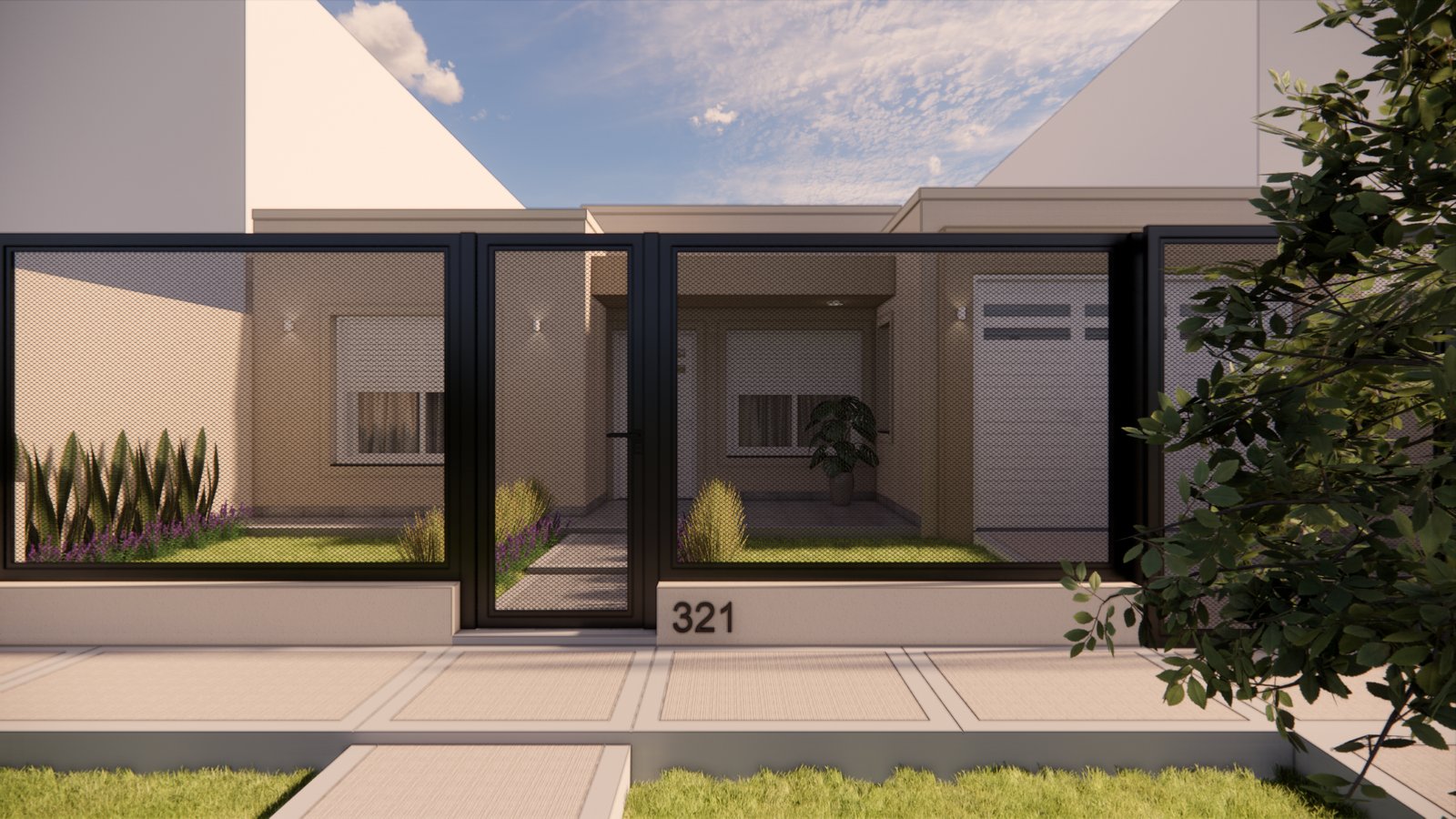 Fachada moderna minimalista com jardim e número da casa 321 — projeto FACHADA GM, por Todo con A, em Villa del Rosario