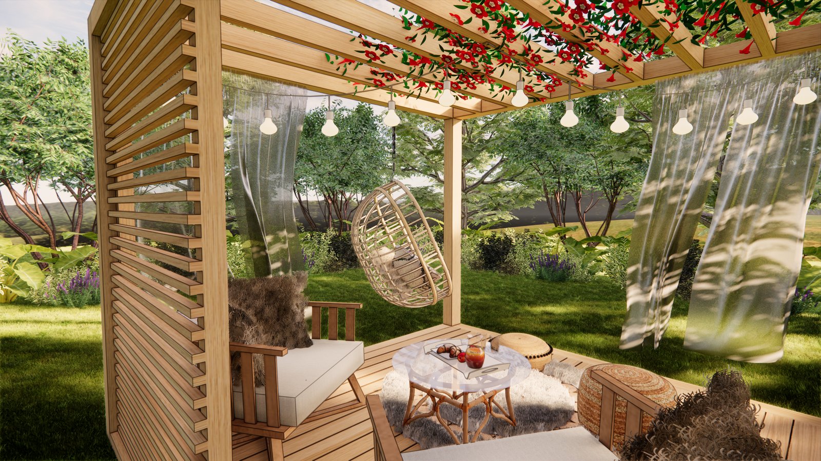 Pérgola de madera con sillón colgante y vegetación exuberante — proyecto PROYECTO LUND, por Todo con A, en Villa del Rosario