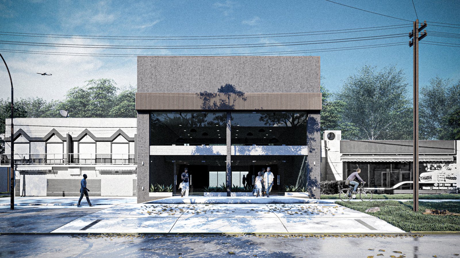 fachada moderna comercial con hormigon visto y amplios ventanales — proyecto Locales G66, por Estudio Llobet, en Av. 66 2382