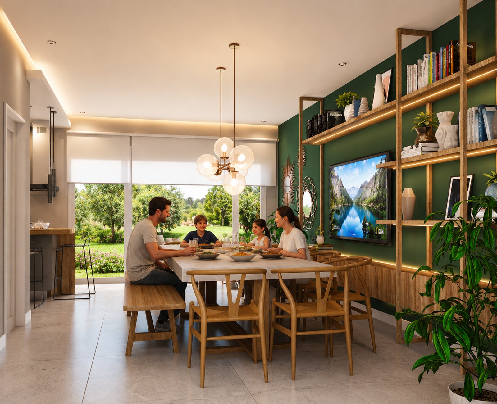 Comedor moderno integrado a living con grandes ventanales y jardín — proyecto Diseño interior en Quincho, por nn.interiorismo , en Necochea 4225
