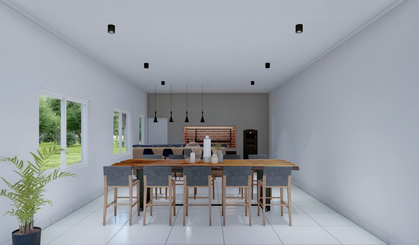 Sala de jantar moderna com ilha e bancada — projeto Casa de Campo, por Arquitecto Gustavo Maidana, em Col. Santa Rosa