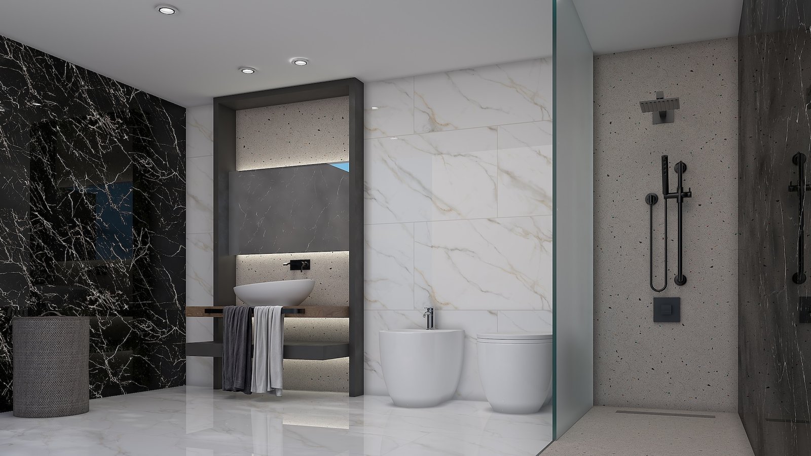 Baño moderno con mármol blanco y negro, ducha de cristal y lavabo — proyecto Marmol, por Cerámica Cañuelas