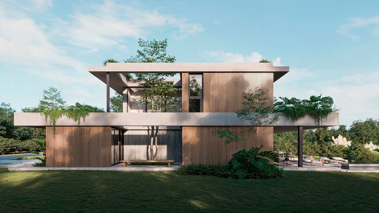 fachada moderna de madera y concreto con vegetación — proyecto Casa CALMA, por Grupo CRBN, en Av. de los Lagos 100
