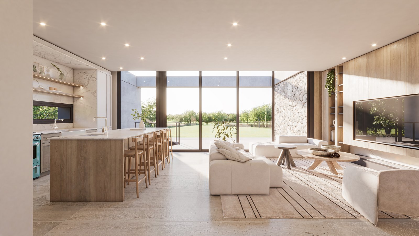 Sala moderna com cozinha integrada e vista rural — projeto Casa GOLF, por Grupo CRBN, em Ruta Panamericana Nº. 9