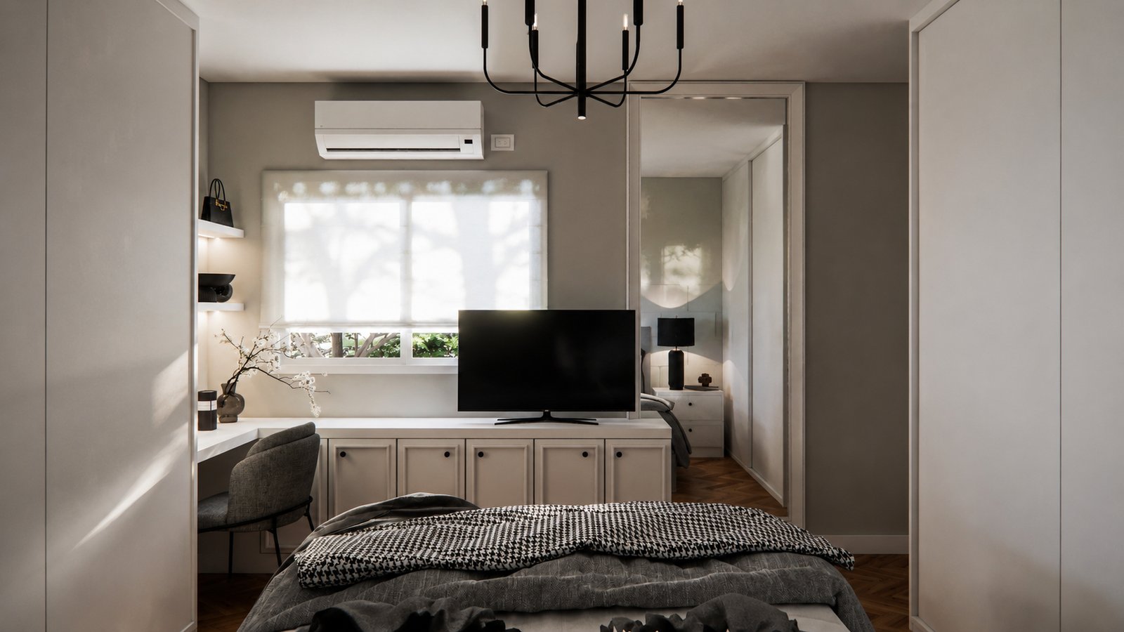 Quarto moderno com muita luz natural e escrivaninha — projeto Diseño de dormitorio principal en blanco y negro, por Mela Deco Design, em Buenos Aires