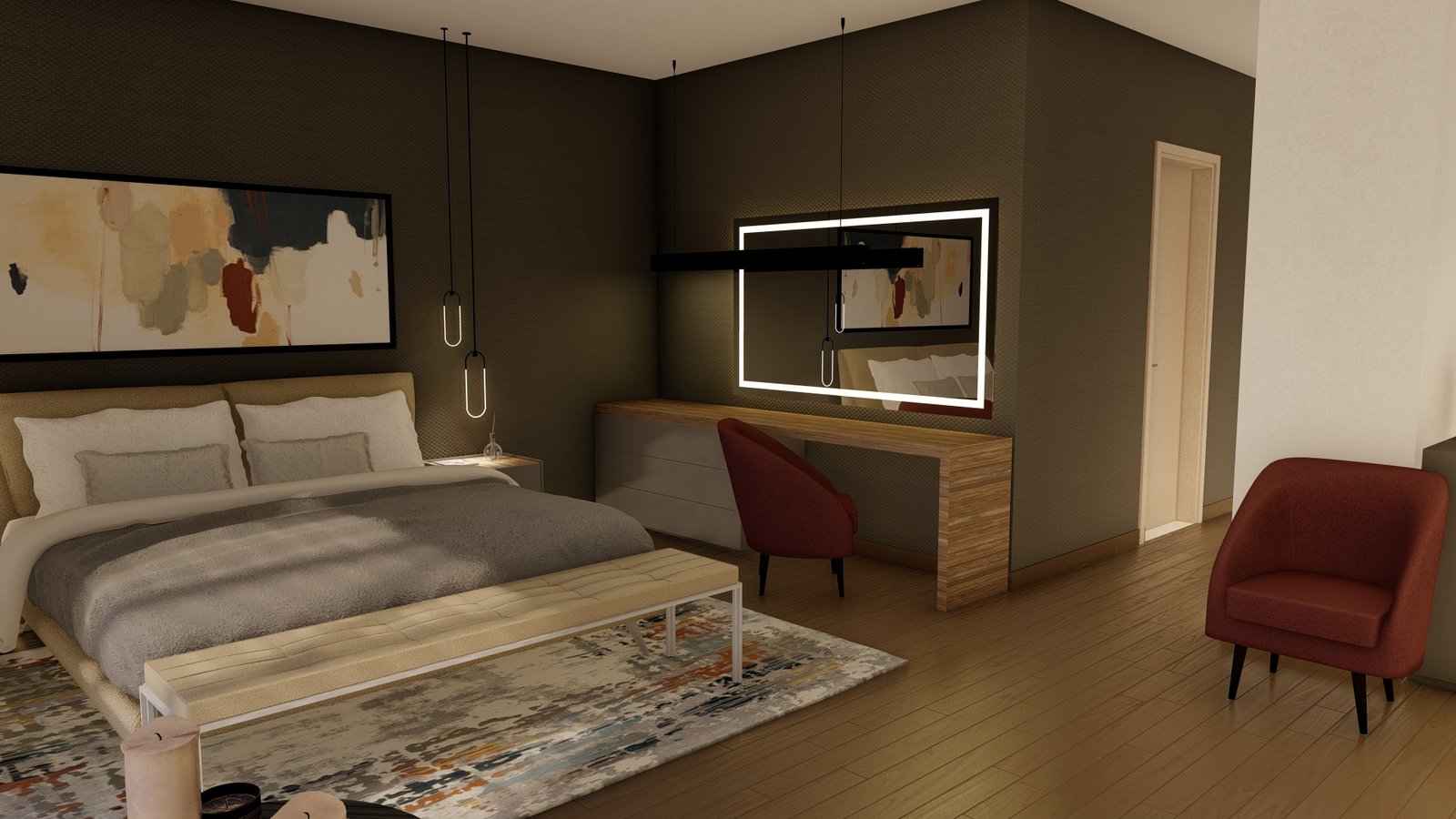Dormitorio moderno con obra de arte abstracta y butaca roja — proyecto Casa FG , por L8A | interiorismo & arquitectura, en Simón Bolívar 237