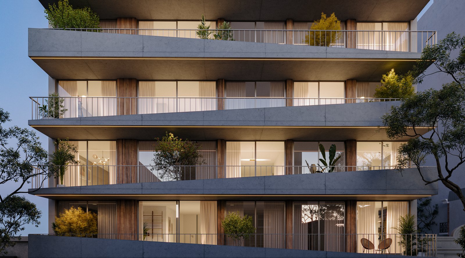 Fachada moderna de edificio residencial con balcones y vegetación — proyecto Edificio Valentin, por LW Lopez Wolder arquitectos, en Valentín Gómez 3632
