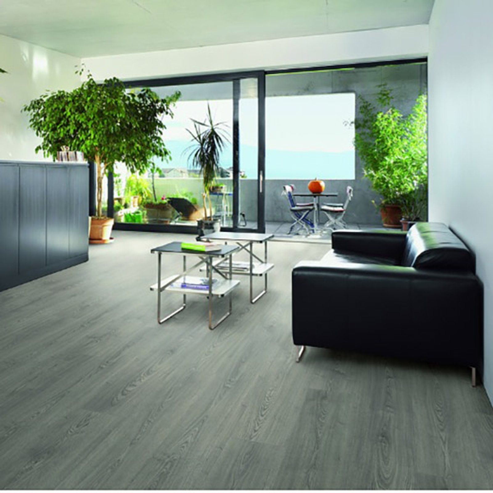 Sala de estar moderna com árvore interna grande e janelas do chão ao teto — projeto Pisos Flotantes, por The Flooring Company