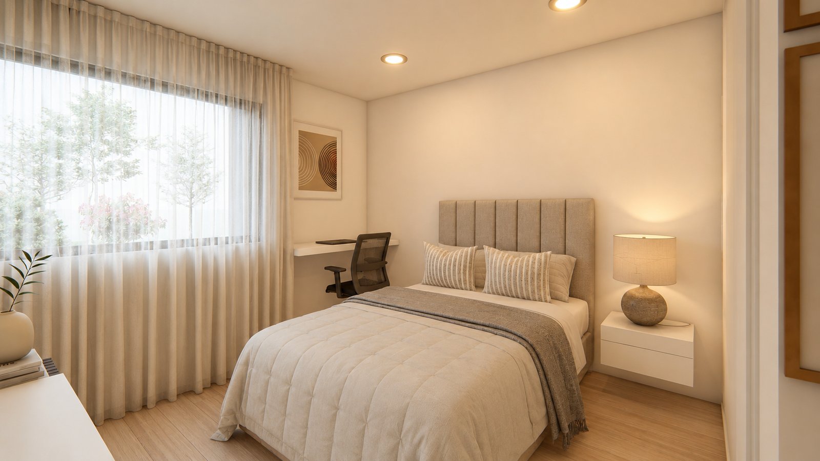 Quarto moderno com luz natural abundante e cortinas brancas — projeto Casa Ávalos, por WILSON ARQUITECTURA, em Ingeniero Maschwitz