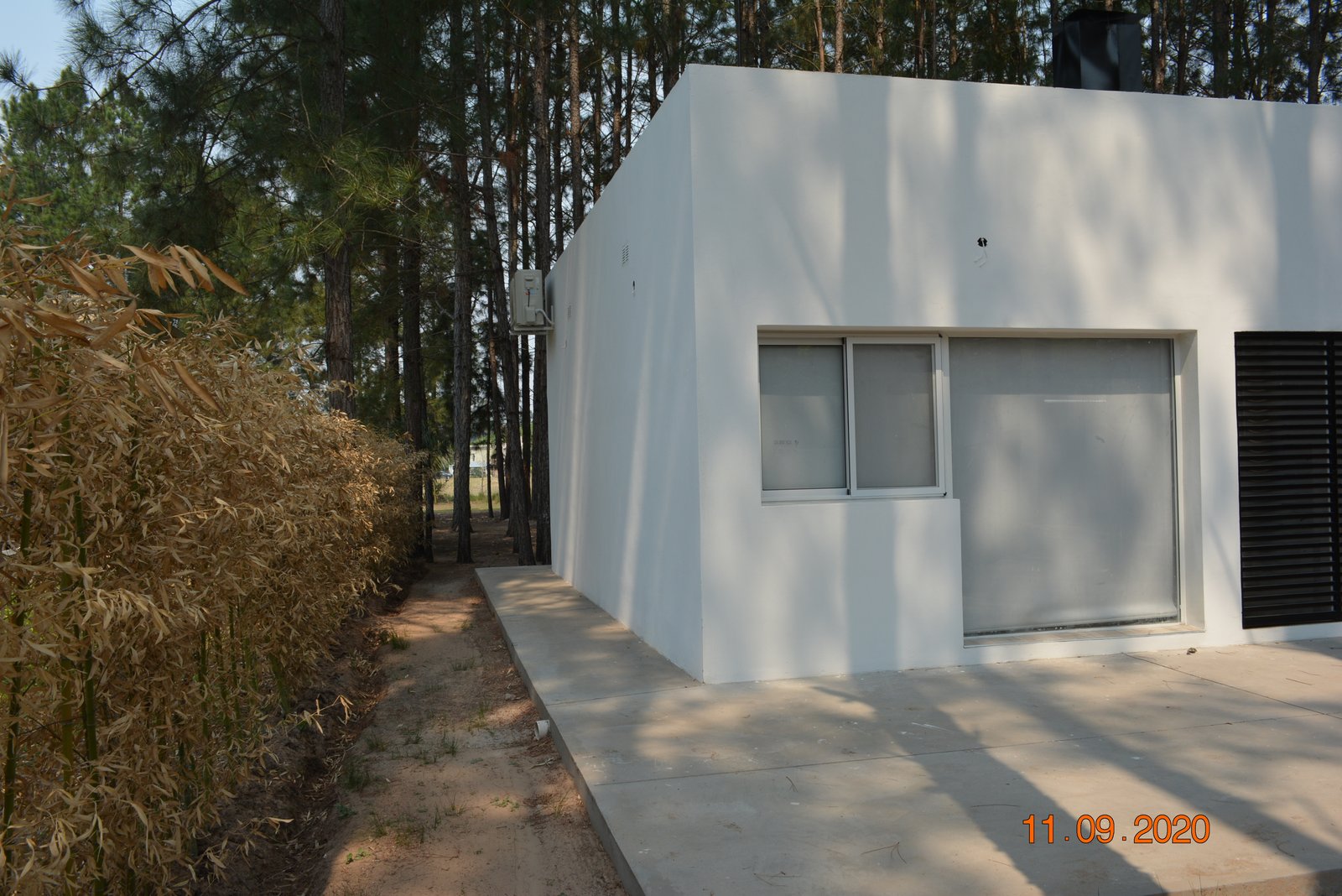 Fachada blanca moderna con césped seco y pinos — proyecto Casa en el Bosque, por Arquitecto Gustavo Maidana, en Santa Ana de los Guácaras