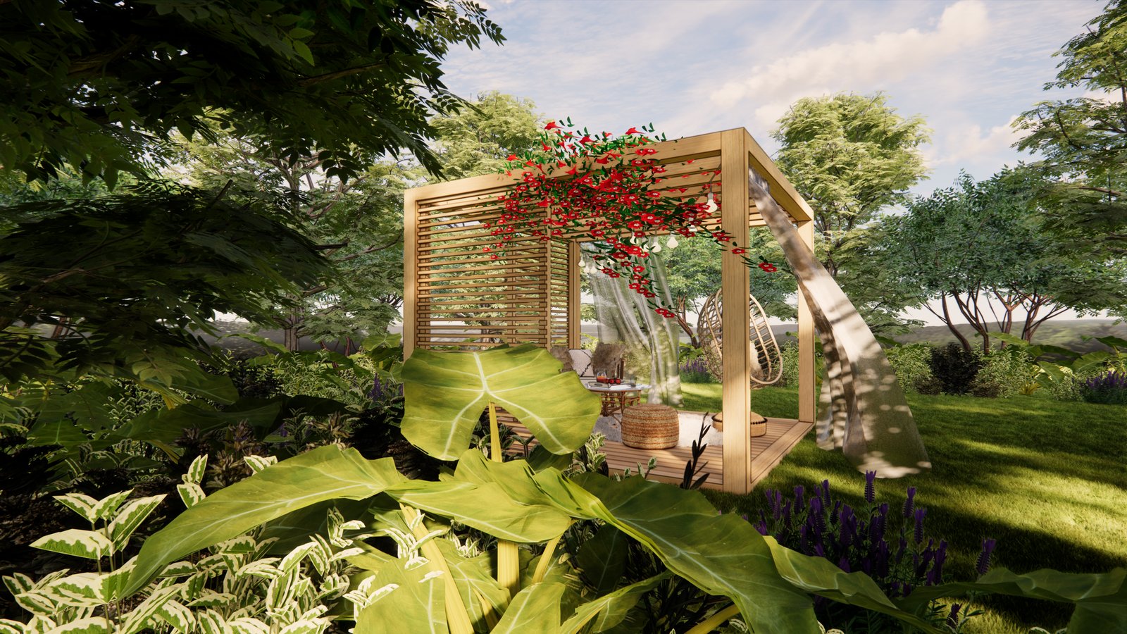 Patio exterior con pérgola de madera y sillas colgantes — proyecto PROYECTO LUND, por Todo con A, en Villa del Rosario