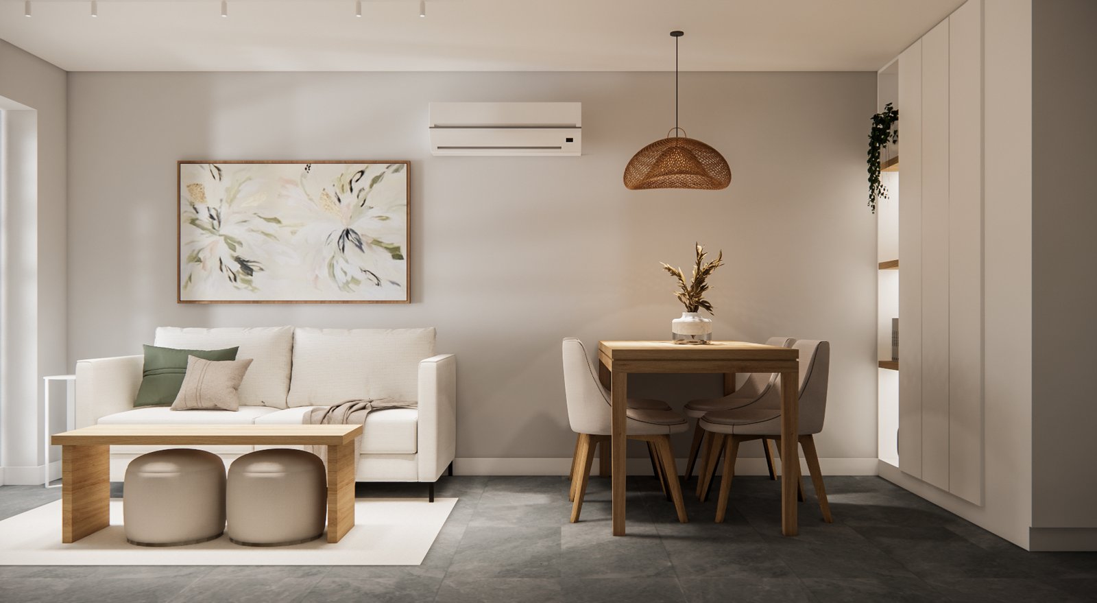 Sala de estar e jantar escandinava com arte abstrata e luz quente — projeto Apartamento de ciudad, diseño funcional y acogedor, por Mela Deco Design, em Córdoba