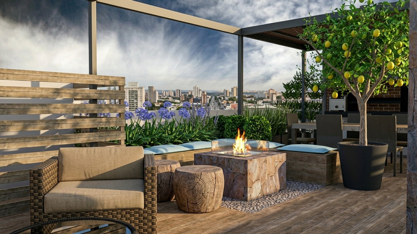 Terraza de lujo con vista urbana, pérgola y chimenea — proyecto Terraza de edificio, por LM arquitecta+paisajista, en Villa María