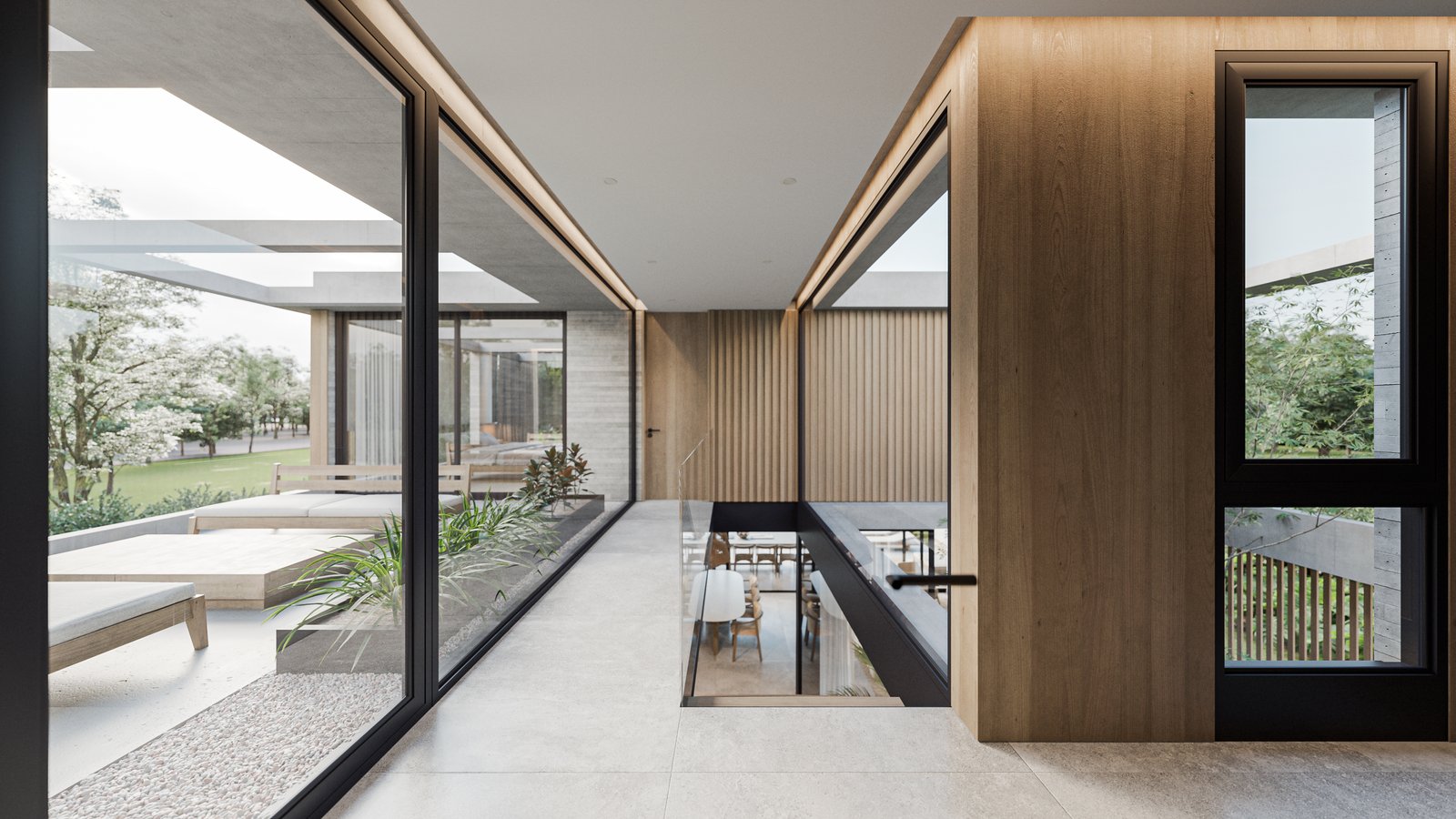 Pasillo moderno con jardín interior y pared de madera — proyecto Casa BEAT, por Grupo CRBN, en Av. de los Lagos 1815