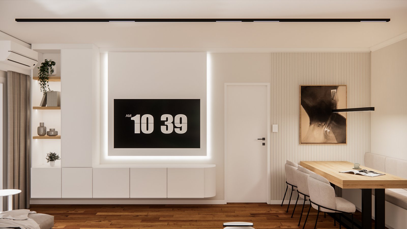 Living moderno con mueble de TV y reloj digital grande — proyecto Diseño moderno de estar comedor y habitaciones, por Mela Deco Design, en Buenos Aires