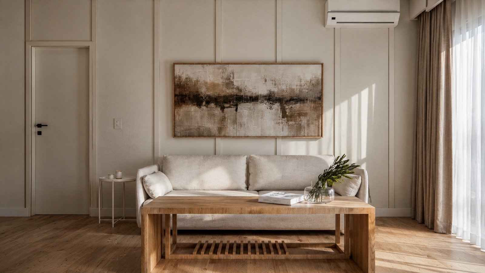 Living moderno con pared panelada y obra abstracta — proyecto Reforma departamento minimalista , por Mela Deco Design, en Buenos Aires