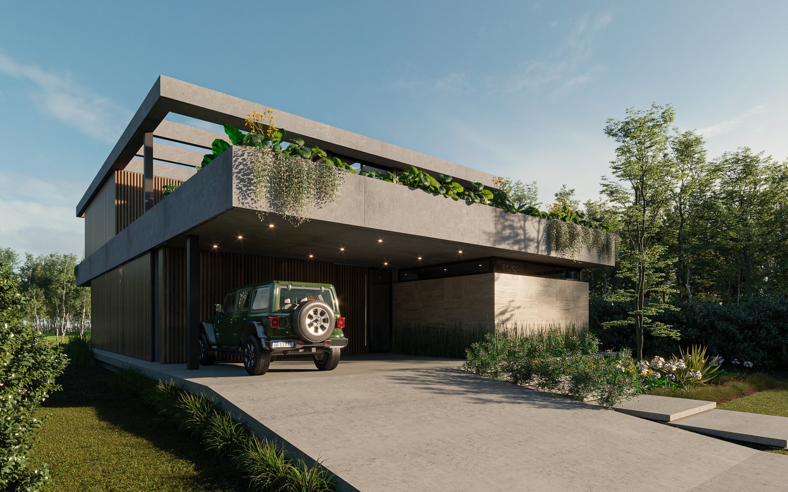 Fachada moderna de casa con techo en voladizo y vegetación — proyecto Casa PUERTOS, por Grupo CRBN, en Provincia de Buenos Aires