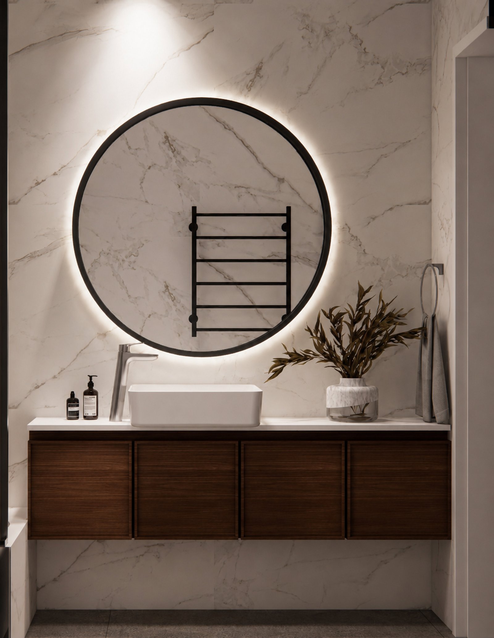 Baño moderno con espejo retroiluminado y vanitory de madera — proyecto Diseño de departamento juvenil , por Mela Deco Design, en Buenos Aires