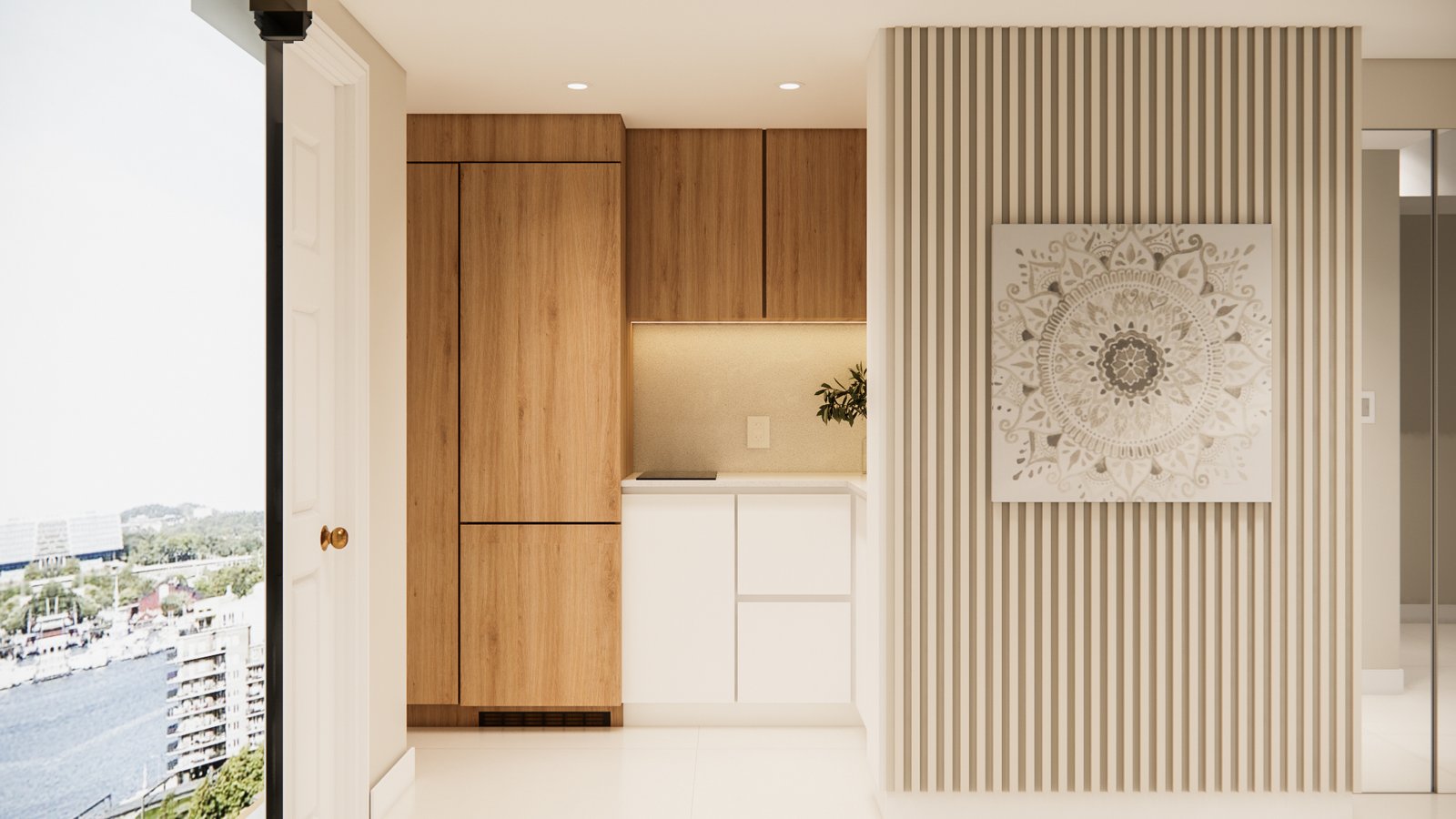 Cocina moderna escandinava con pared de lamas de madera — proyecto Departamento funcional y acogedor, por Mela Deco Design, en Buenos Aires