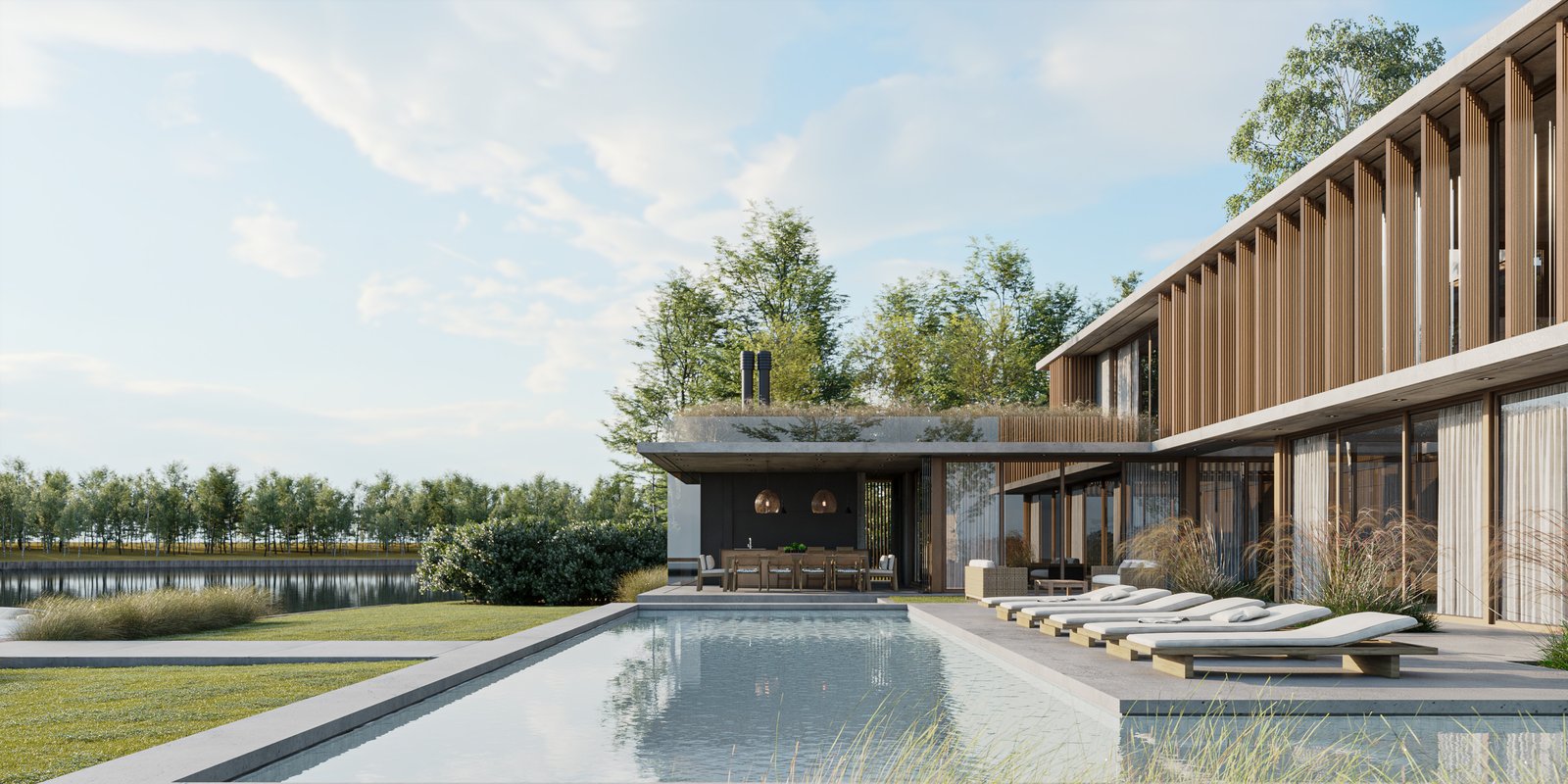 Casa moderna con piscina y fachada de madera, entorno rural — proyecto Casa BRIDGE, por Grupo CRBN, en Av. de los Lagos 1815