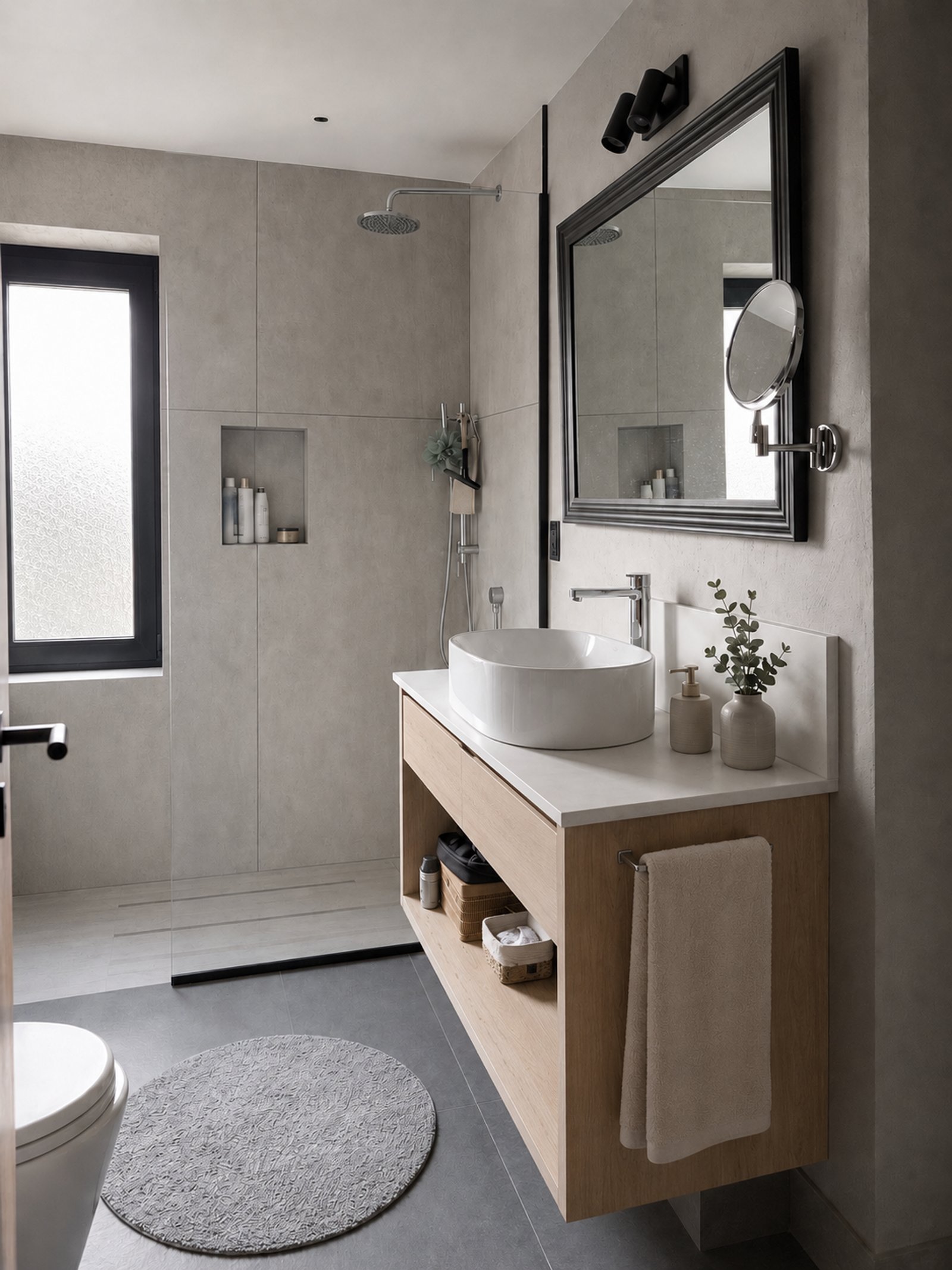 Baño moderno escandinavo con vanitory de madera y lavabo sobre encimera — proyecto Valle escondido, por Design & Living, en San Martín de los Andes