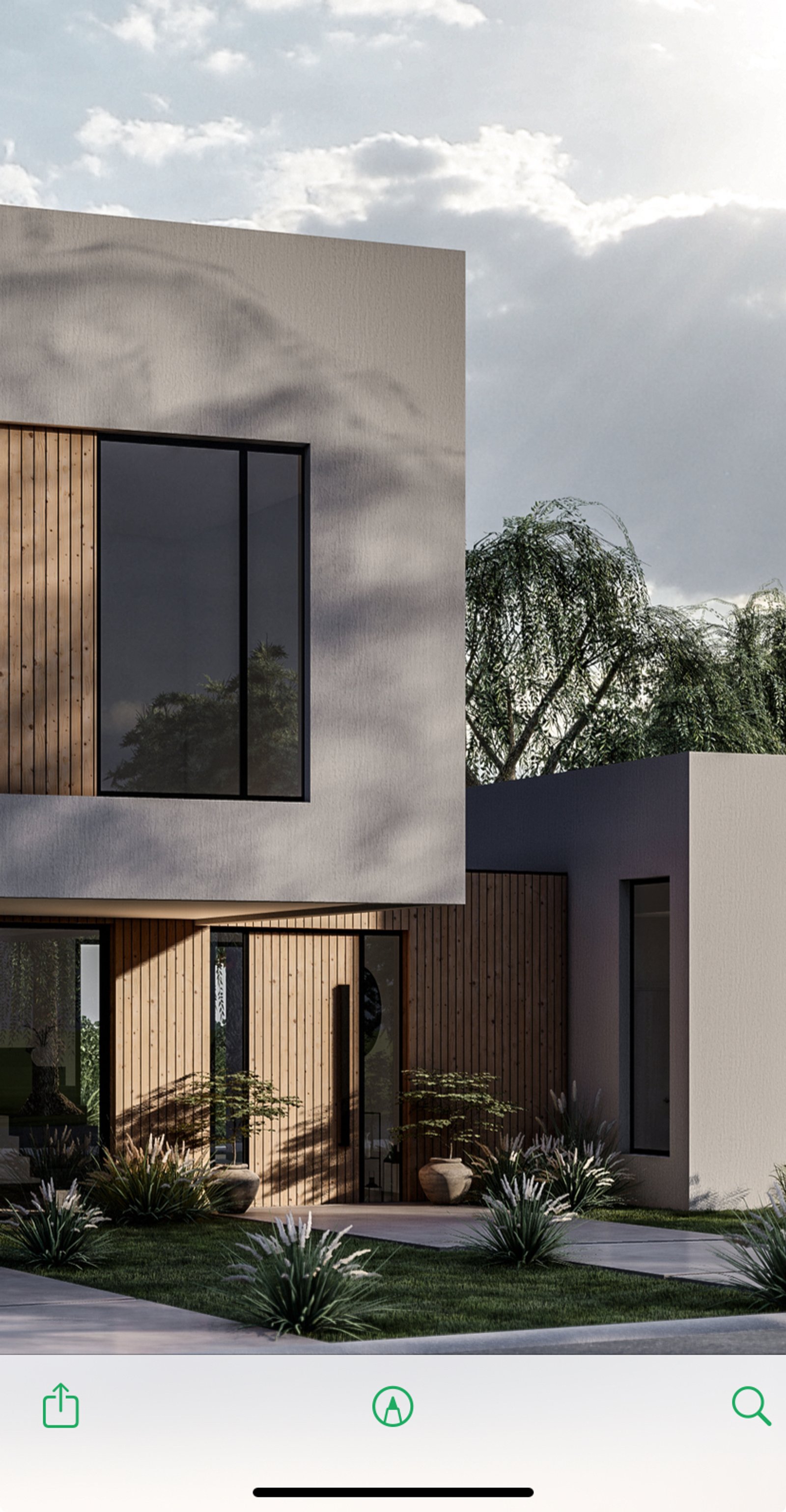 Fachada de casa moderna con madera y hormigón, amplios ventanales y jardín — proyecto La Renata, por B|Q STUDIO , en Parque Leloir