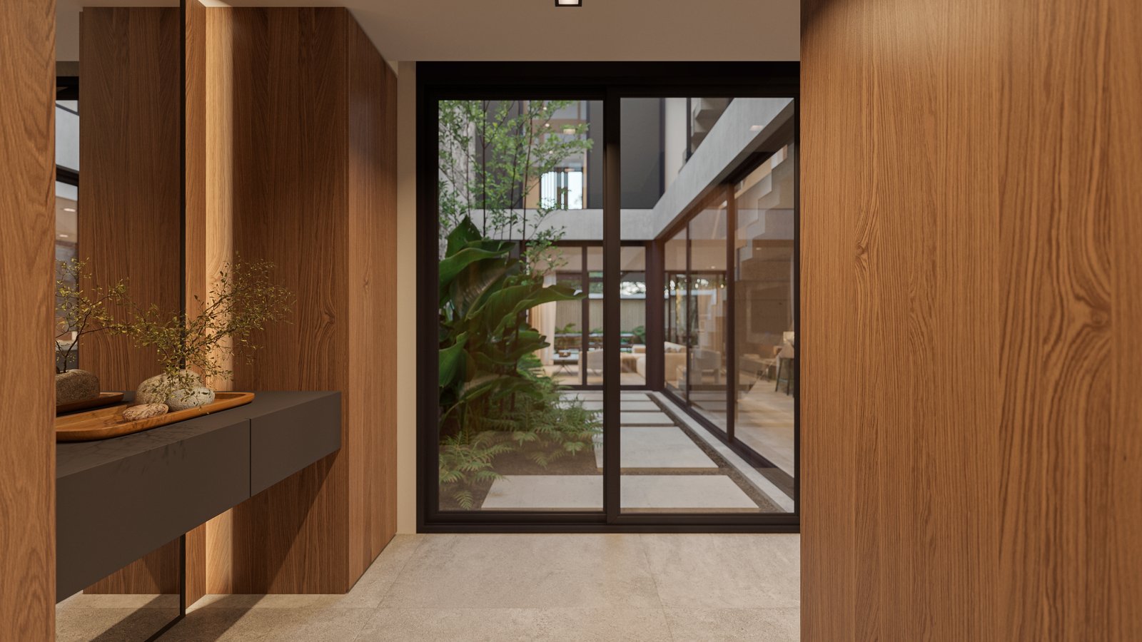 Pasillo moderno con patio interior y detalles en madera — proyecto Casa IZA, por Grupo CRBN, en Villa Urquiza
