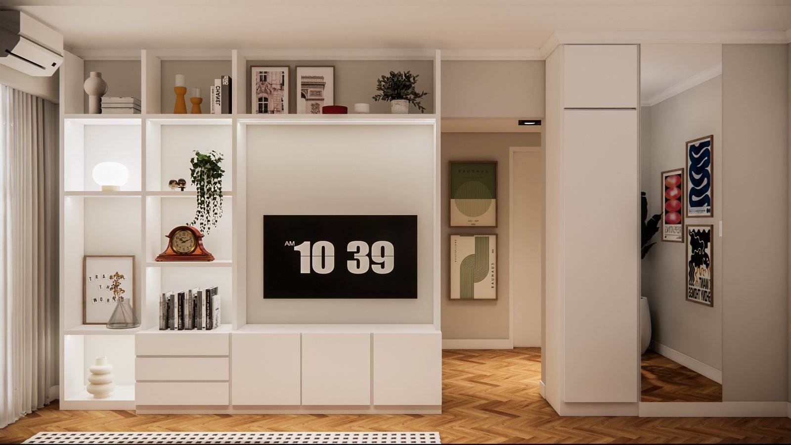 Living moderno con estanterías blancas de piso a techo — proyecto Colorida renovación total de casa, por Mela Deco Design, en Buenos Aires