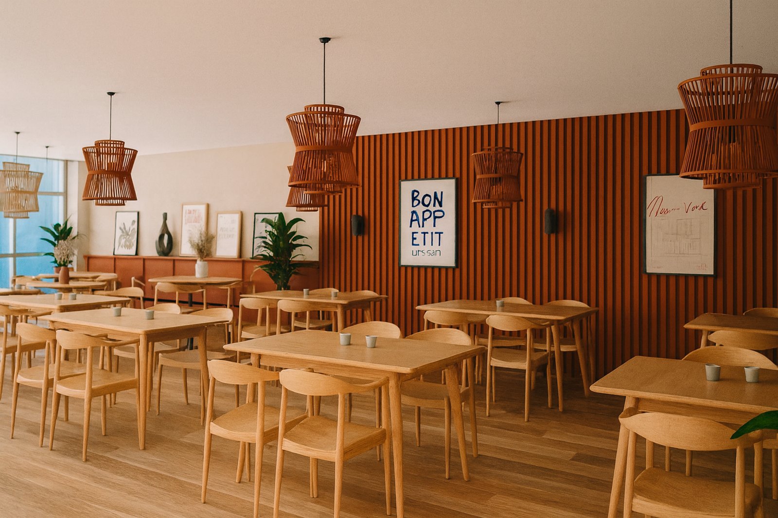 Comedor de restaurante con mesas de madera y pared de lamas — proyecto Proyecto FABA Federación Bioquímica de la Provincia de Buenos Aires, por ivanadesign.estudio, en La Plata