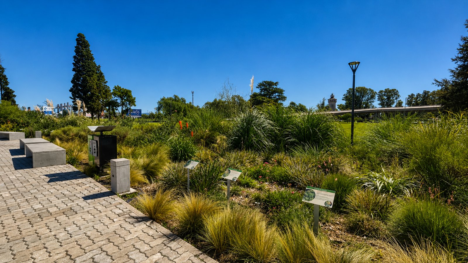 Jardín moderno con senderos curvos y vegetación nativa — proyecto Aeropuerto Internacional Ing. Taravella :: Córdoba :: Paisajismo Institucional :, por STIPA Arte Natural, en Av. L