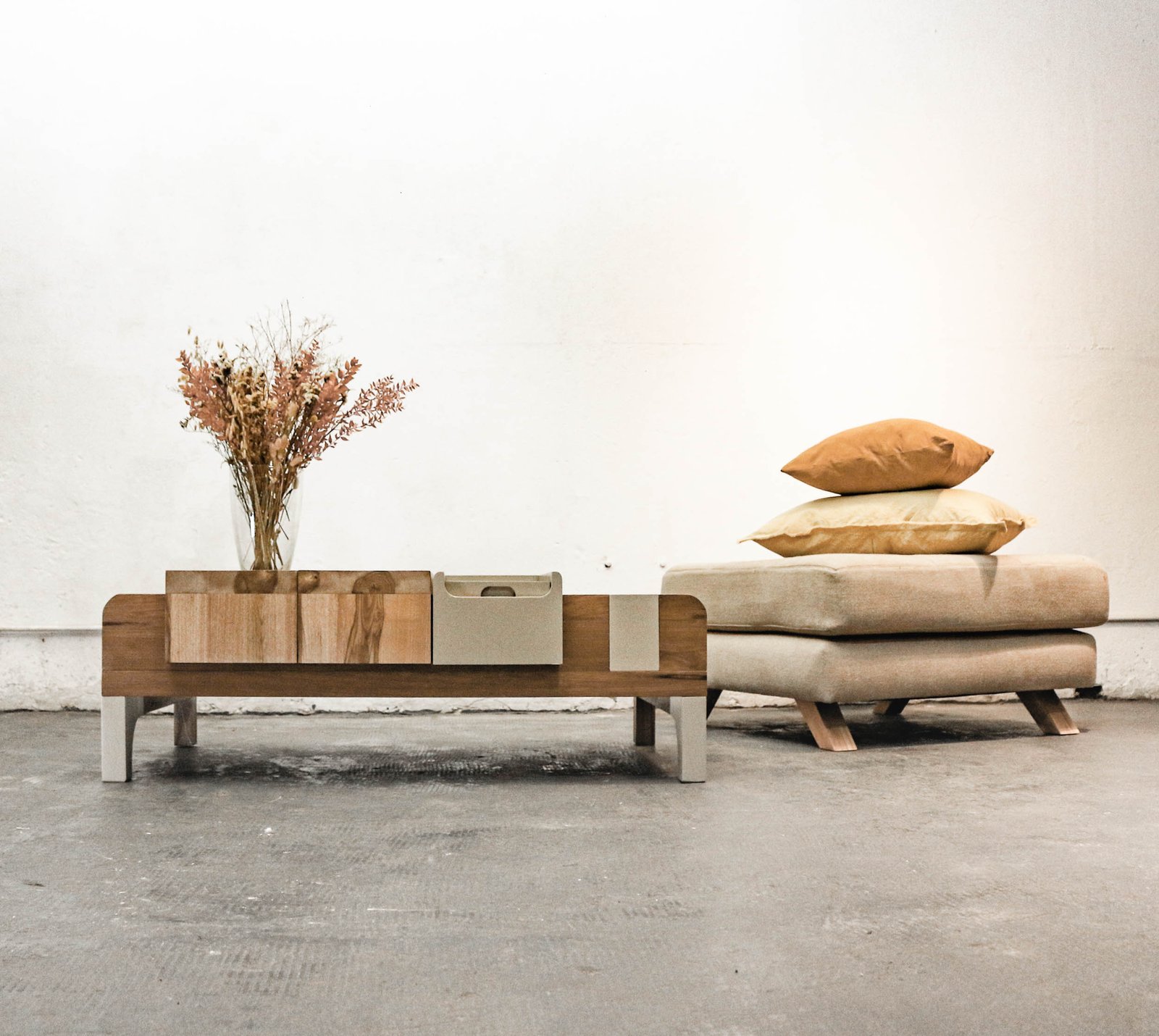 Sala de estar moderna con mesa baja de madera y plantas secas — proyecto Living, por BLVD Furniture
