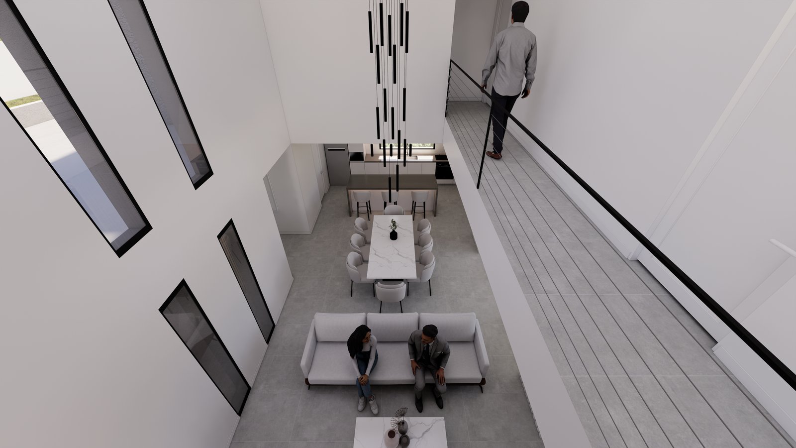 Interior moderno doble altura con escalera flotante y ventanales — proyecto Proyecto Z, por WILSON ARQUITECTURA, en Pilar
