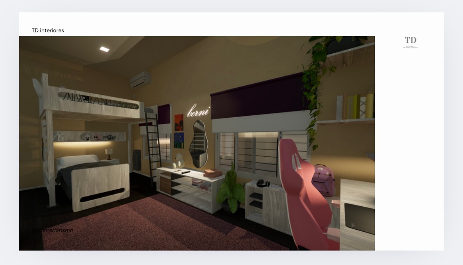 Dormitorio moderno con litera y silla gamer rosa — proyecto PROYECTO HABITACION JUVENIL, por TD Interiorismo, en San Fernando del Valle de Catamarca