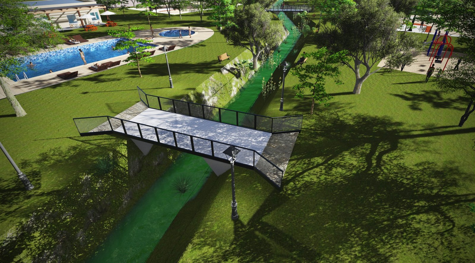 Parque com canal de água e ponte moderna — projeto Complejo turístico, sindicato de cerveceros Corrientes., por Arquitecto Gustavo Maidana, em Paso de la Patria