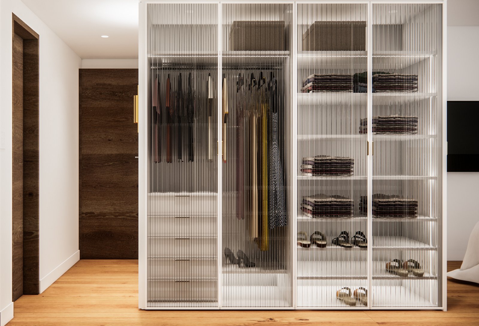 closet moderno e minimalista com portas de vidro canelado — projeto Diseño moderno de vestidor, por Mela Deco Design, em Buenos Aires
