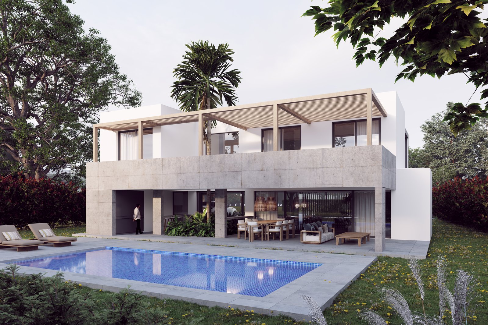 Fachada moderna con piscina y área de estar exterior — proyecto Proyecto Altos , por Juarez-Fevre Estudio de Arquitectura , en Pilar