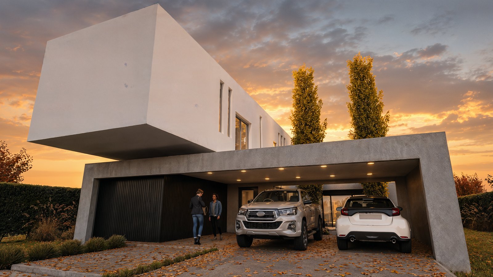 Fachada de casa moderna con cochera pasante al atardecer — proyecto Casa CyG, por WILSON ARQUITECTURA, en Pilar